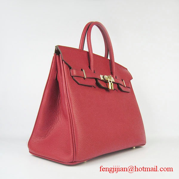 Hermes 35cm Embossed Veins Leather Bag Red 6089 Gold Hardware